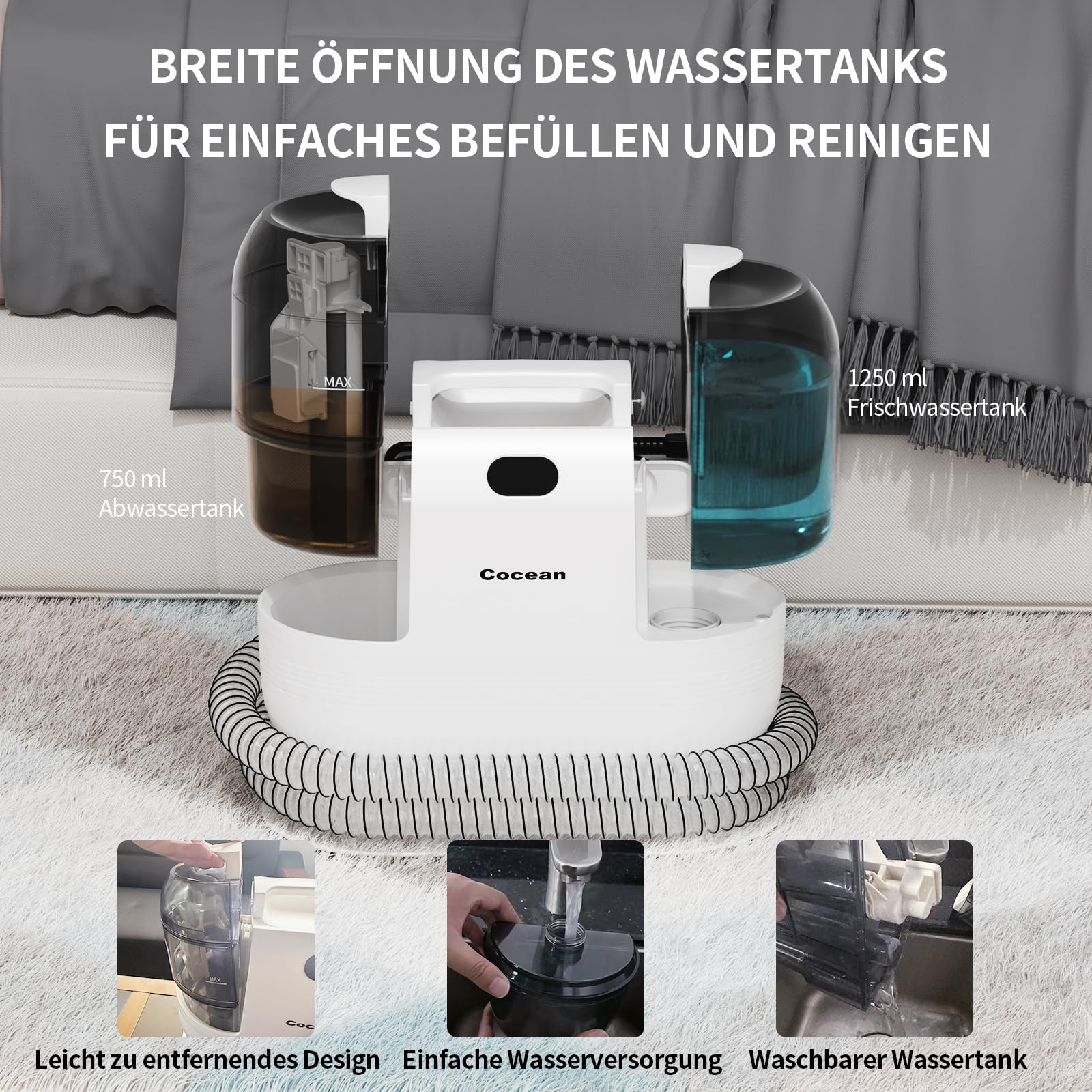 COCEAN Waschsauger Polsterreiniger,Teppichreiniger,Nass trockensauger,18Kpa Polsterreiniger Gerät, Nasssauger für Teppiche,Polster Autositze & Sofa 6