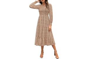 Zattcas Womens Fall Dresses 2025 Casual Long Sleeve Smocked Boho Floral Tiered Midi Wedding Guest Dress with Pockets