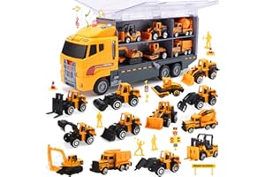 CUTE STONE 25 in 1 Construction Trucks Push and Go Car Carrier Truck Toy, Play Vehicles with Sounds and Lights, 12 Mini Diecast Trucks Included