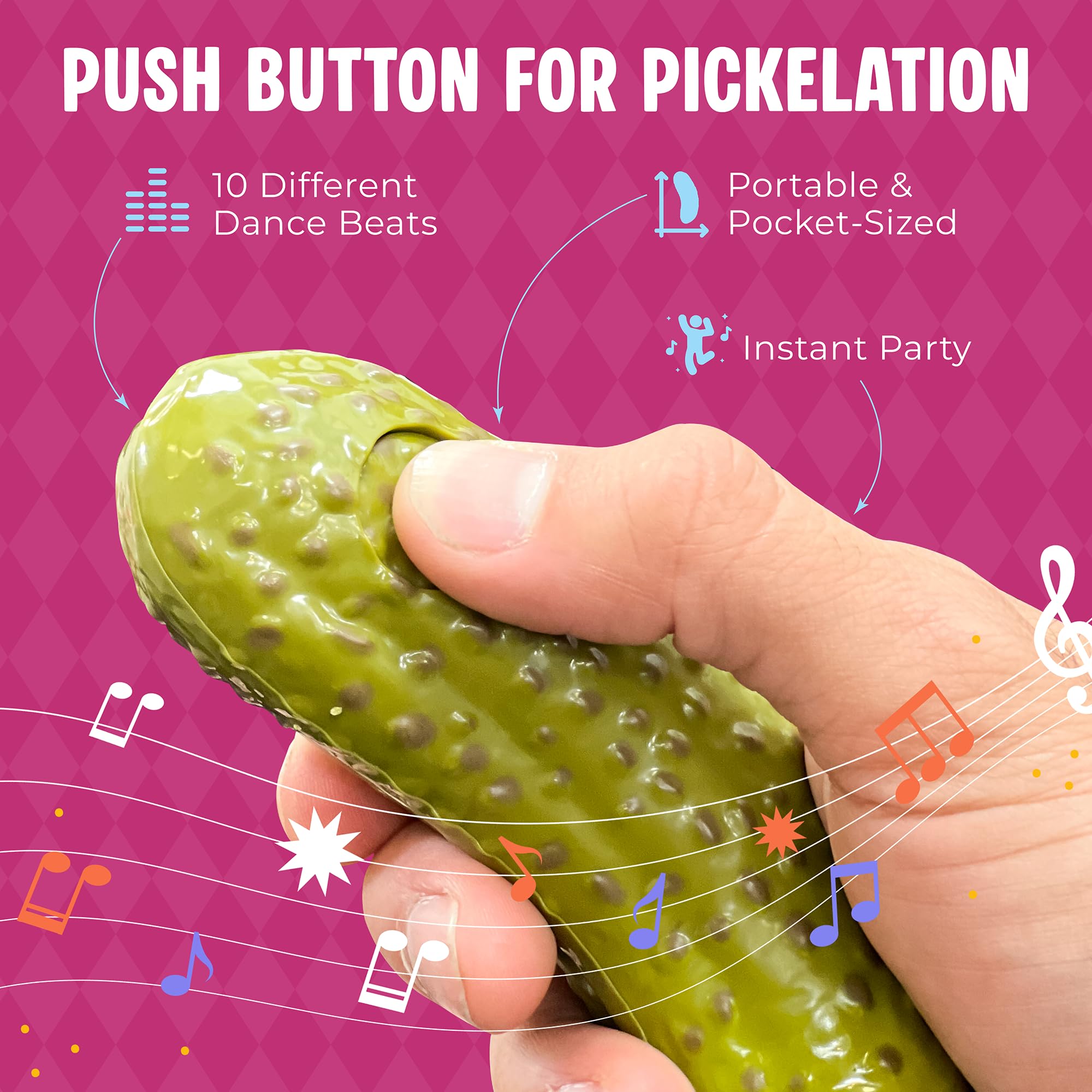 DR DINGUS Party Pickle - 30 Second Dance Party - 10 Original Music Beats - Press Button - Family Friendly for Class, Office, Gift, Making Friends