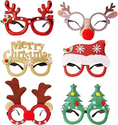 DERAYEE 6pk Christmas Glitter Party Glasses Novelty Xmas Eyeglasses Fancy Dress