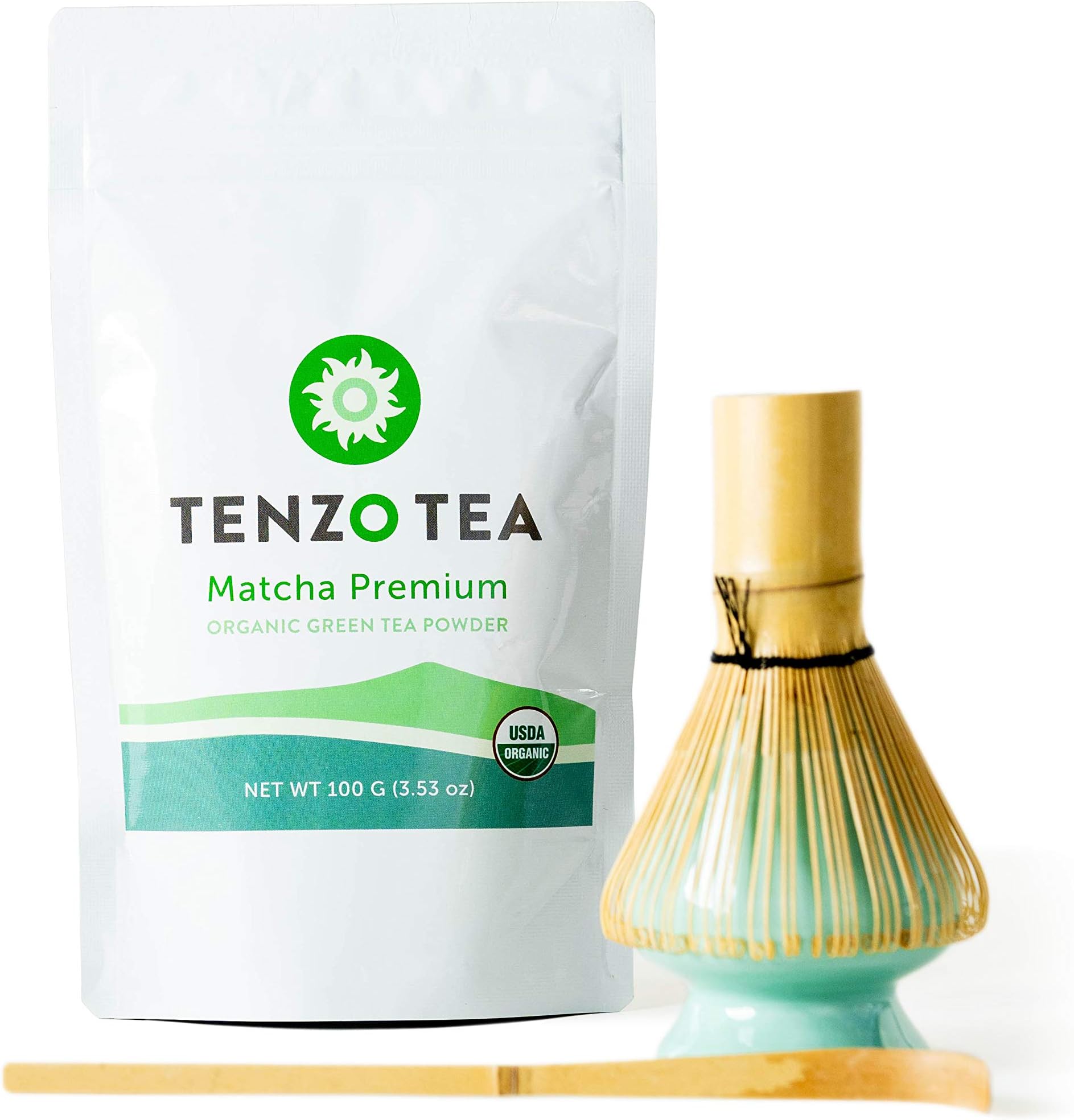 Tenzo Tea - Premium Starter Kit (Ceremonial Grade Matcha) - Whisk, Whisk Stand, Scoop, Matcha - USDA Organic, Kosher, Vegan, Paleo/Keto Friendly (100 Gram - Starter Kit)