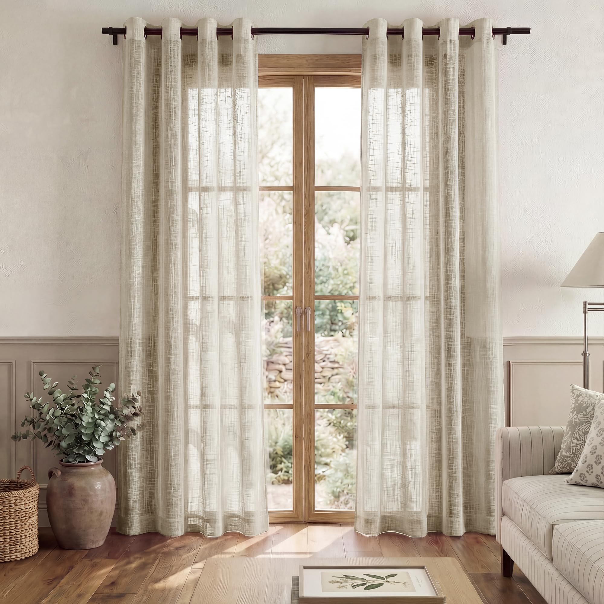 PONY DANCE Sheer Curtains for Bedroom - Faux Linen Look Sheer Net Curtains Thick Eyelet Top Window Treatment Privacy Protected Bedroom Decor, 1 Pair, W 52 inch x D 84 inch, Taupe