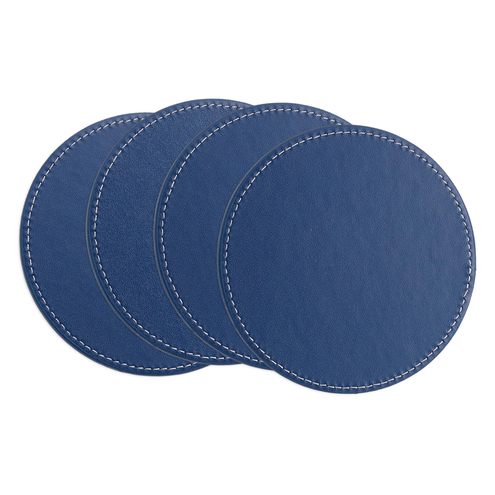 uxcell Round Drink Coasters Set of 4 White Stitched Dual Sided Non-Slip Non-Stick Waterproof Leather Coasters for Drinks, Coffee Table, Housewarming Gifts, Home Decor 4"×4"Blue