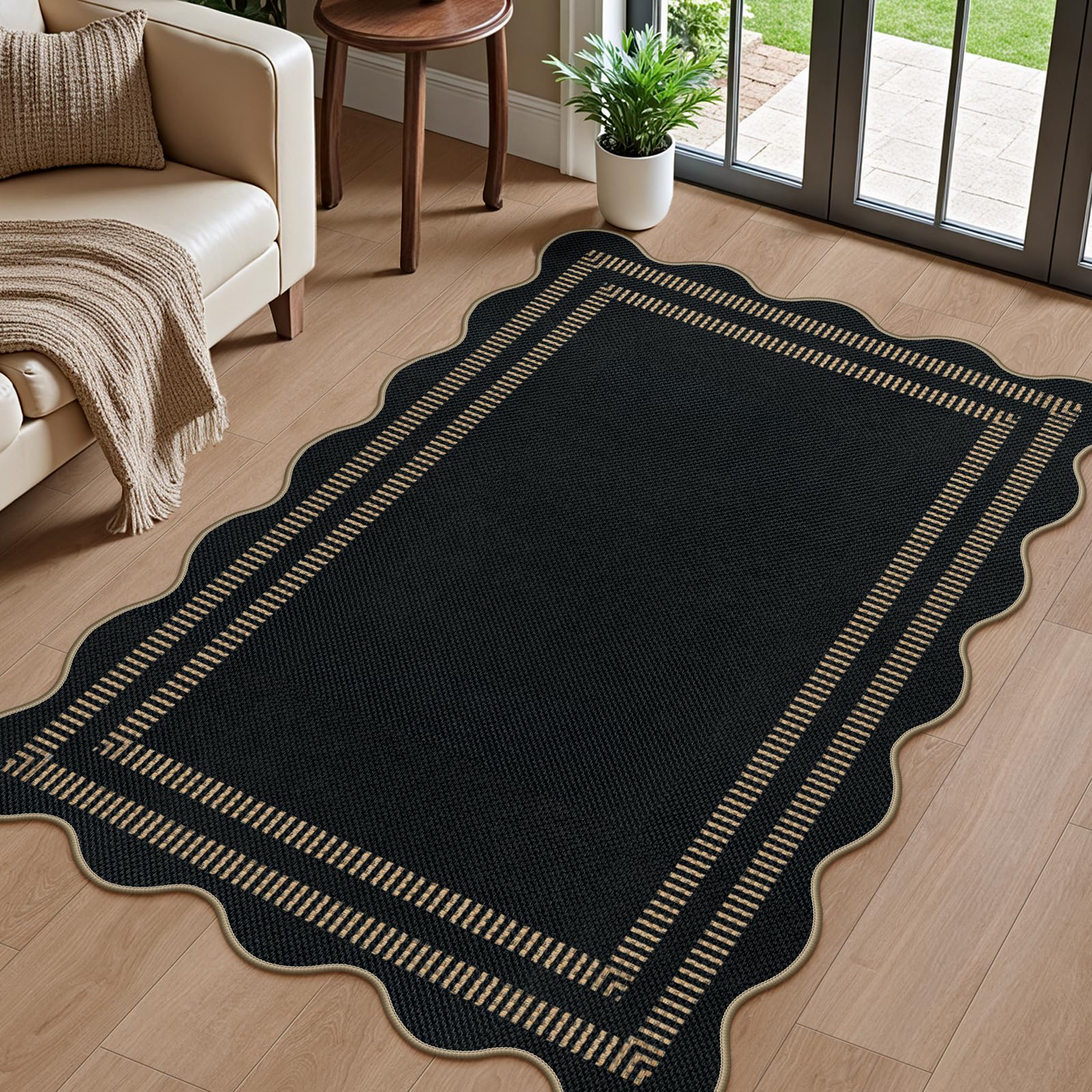 LORWER Modern Easy Jute 3x5 Outdoor Patio Rug, Black Washable Rugs for Entryway Indoor Kitchen Rugs, Farmhouse Neutral Non Slip Carpet for Living Room Backyard