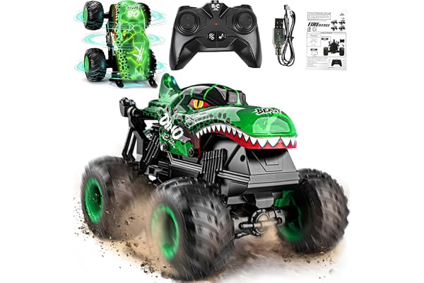 BEZGAR Monster Truck Toys, 1:20 Remote Control Car with Light & Music | Green Dinosaur Toys for Kids, RC Truck with 360° Spin