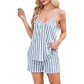 Namatime Womens Sleeveless Pajama Set Striped Button Pjs Sets Cami Top And Shorts 2 Piece Lounge Set Summer V Neck Sleepwear