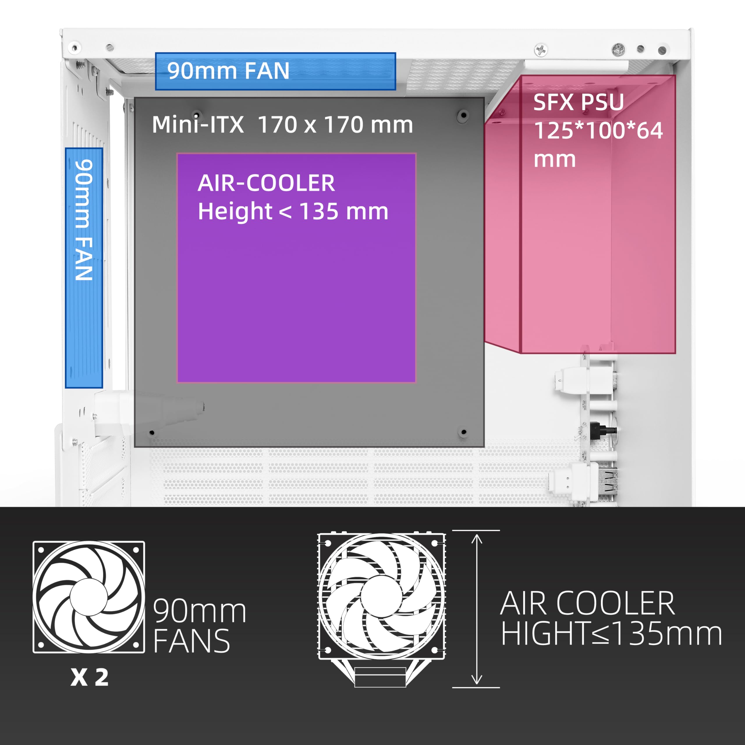 SGPC K66 Lite 8.4L/Compact Mini-ITX PC Gaming Case/135mm CPU Cooler & 240mm GPU & SFX PSU Support/Tempered Glass Side Panel/1 x Pre-Installed ARGB Fan(K66Lite,White)