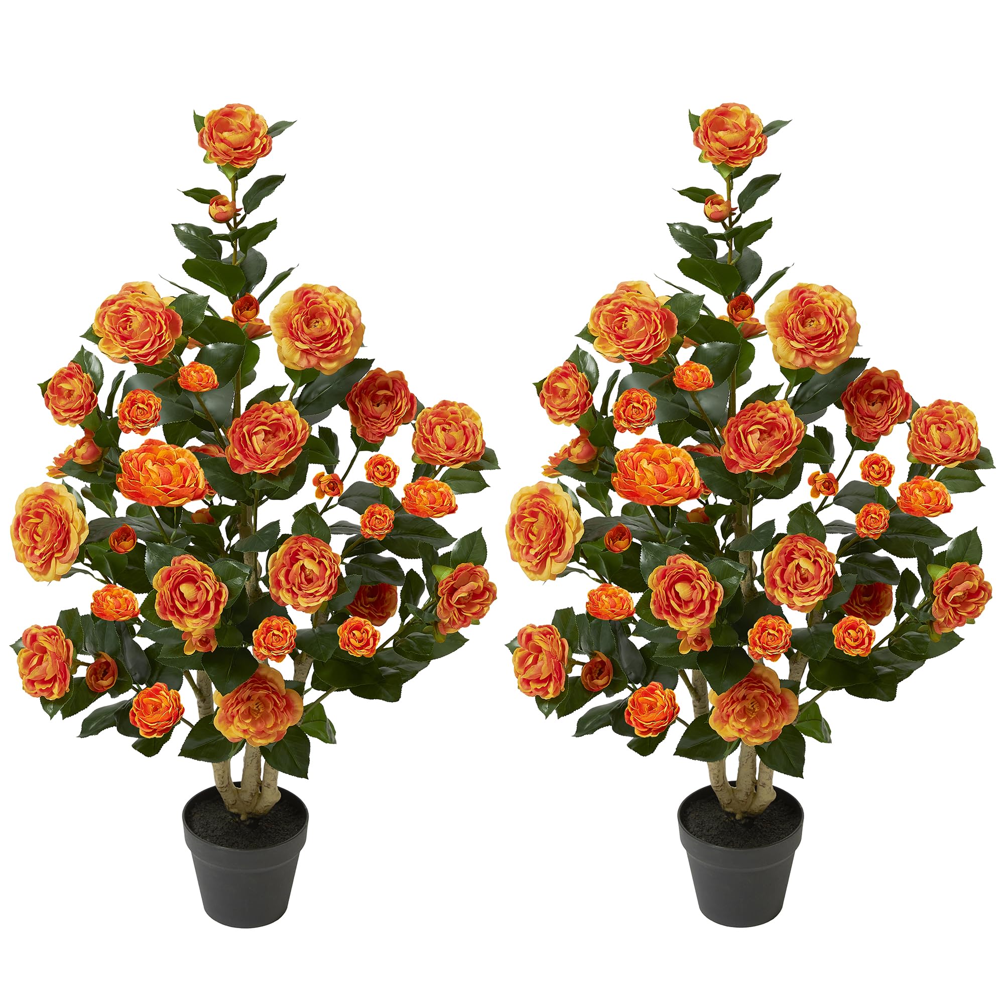 Photo 1 of 2 Pack 39" Artificial Camellia Tree, Realistic Fake Plants with 24 Orange Flowers for Indoor, Outdoor, Home, Front Door, Christmas, or Winter Decor-Orange