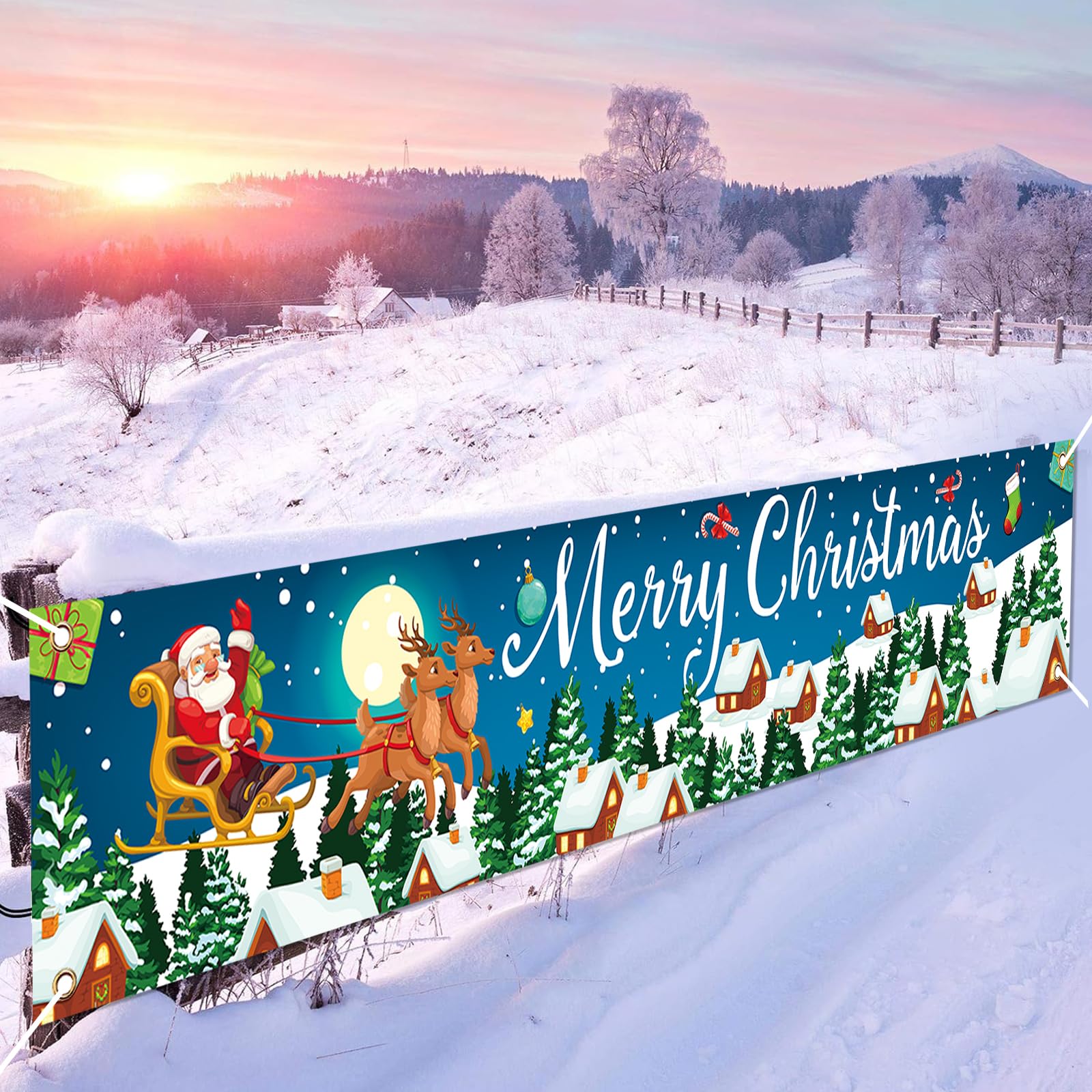 Christmas Banner Outdoor, Large Fabric Blue Merry Christmas Decorations with Santa Claus Reindeer Gifts Backgroud Banner, Xmas Yard Sign for Outside Fence Garden New Year Party Decor Supplies 210x40cm
