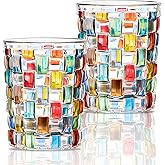 WATSAVPUP Whiskey Glasses Set of 2 Colorful Stained 10oz Each Old Fashioned Drinking Glasses Perfect for Weddings Home Bar or Gifting