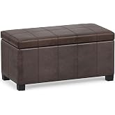 SIMPLIHOME Dover 36" Wide Vegan Leather Storage Ottoman in Distressed Brown | Contemporary ottoman with lift-top and safety hinges; upholstered rectangle storage bench for living room and entryway.