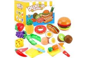 PEAINBOX 33pcs Cutting Pretend Play Food Toys for Kids Kitchen Set Playset Accessories BPA Free Peel & Cut Toy Food Fruits and Vegetables Toys, Christmas Birthday Gift for Toddlers Girls Boys Kids Storage Box