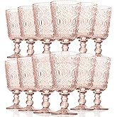 Rtteri 12 Pcs Vintage Glass Goblet Stemmed Wine Glasses Bulks 10 oz Wine Glasses Set High Clear Glassware for Juice Liquor Party Wedding Bars Restaurants Romantic Embossed (Flesh Pink)