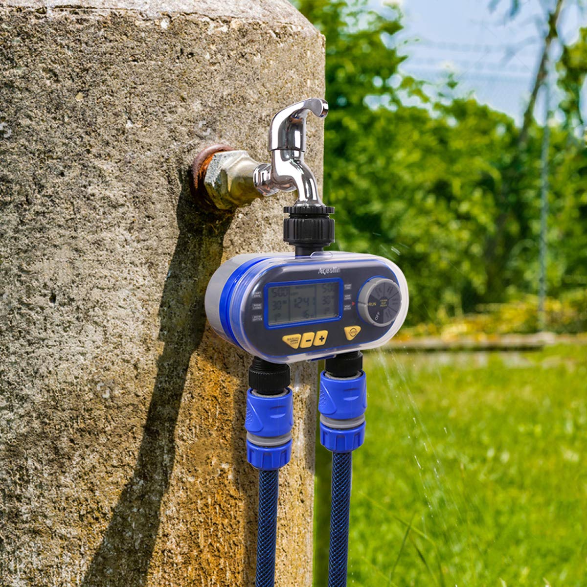 Water Hose Tap Timer Watering Computer with 2 Solenoid Valves Garden Irrigation System Controller, Blue