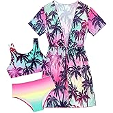 Enlifety 5-16T Girls 3 Piece Bikini Swimsuit Quick Dry Bathing Suit with Kimono Cover Up