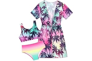 Enlifety 5-12T Girls Swimsuit 3 Piece Bikini Bathing Suit with Cover Up Quick Dry Swimwear