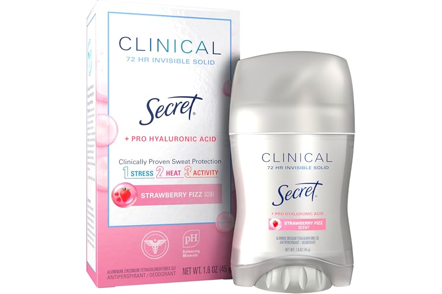 Secret Clinical Strength Antiperspirant Deodorant for Women, 3X Stress Protection, 72hr Sweat & Odor Protection, Pro-Hyaluronic Acid, Invisible Solid, Strawberry Summer Fizz Scent, 1.6 oz