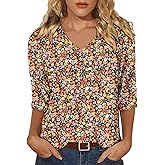 KISSMODA Women's Casual 3/4 Sleeve T-Shirts 2025 V-Neck Tunic Tops Cute Tees Blouses Loose Fit Business Work Tee Top