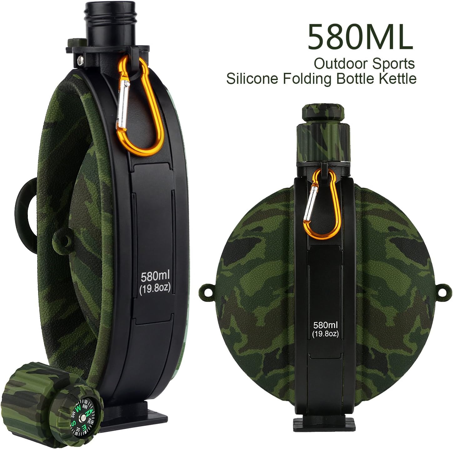 Collapsible Military Water Bottle - Newly Designed Silicone Water Kettle Canteen with Compass Bottle Cap for Hiking Camping Outdoors, BPA Free 19.8 oz