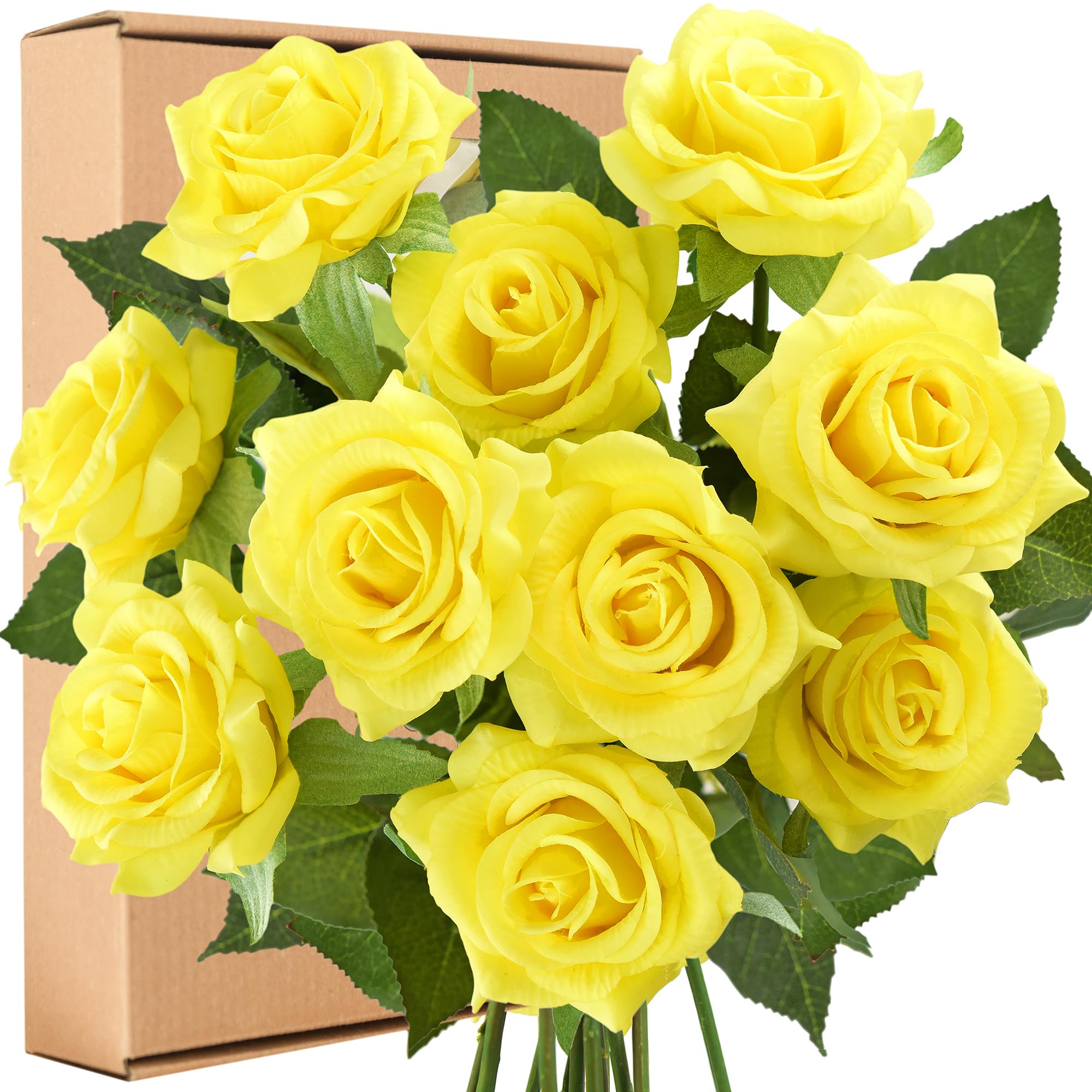 FiveSeasonStuff 10 Stems Real Touch Artificial Silk Roses - 'Petals Feel and Look Like Fresh Roses' - Bouquet of Flowers Floral Arrangements (Yellow #7) — image 1