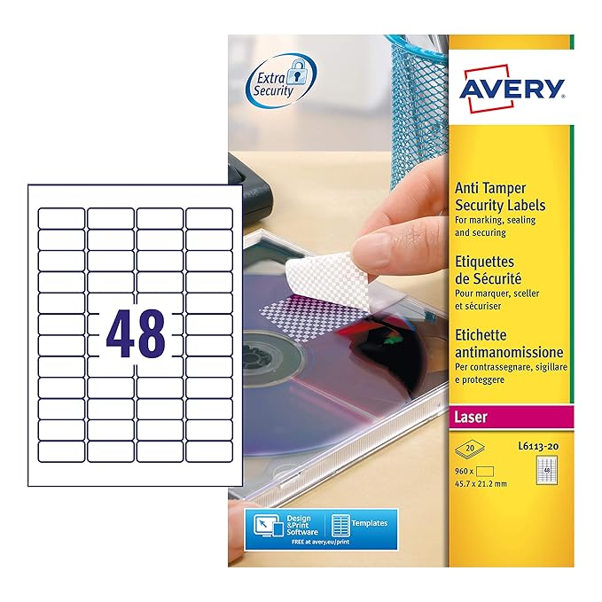 Avery L611320 ExtraStrong Adhesive Anti Tamper Security Labels, 48
