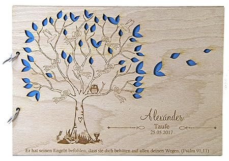 Livingstyle & Wanddesign Gästebuch aus Holz zur Taufe mit Name und Datum hellblau (Motiv 17 48 Seiten / 24 Blatt)