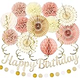 Birthday Decorations for Women, Champagne Gold Beige Fall Boho Party Decorations - 20pcs Autumn Neutral Retro Happy Birthday Banner,Paper Pompoms Fan,Streamers,Lanterns,Rustic Backdrop Decor