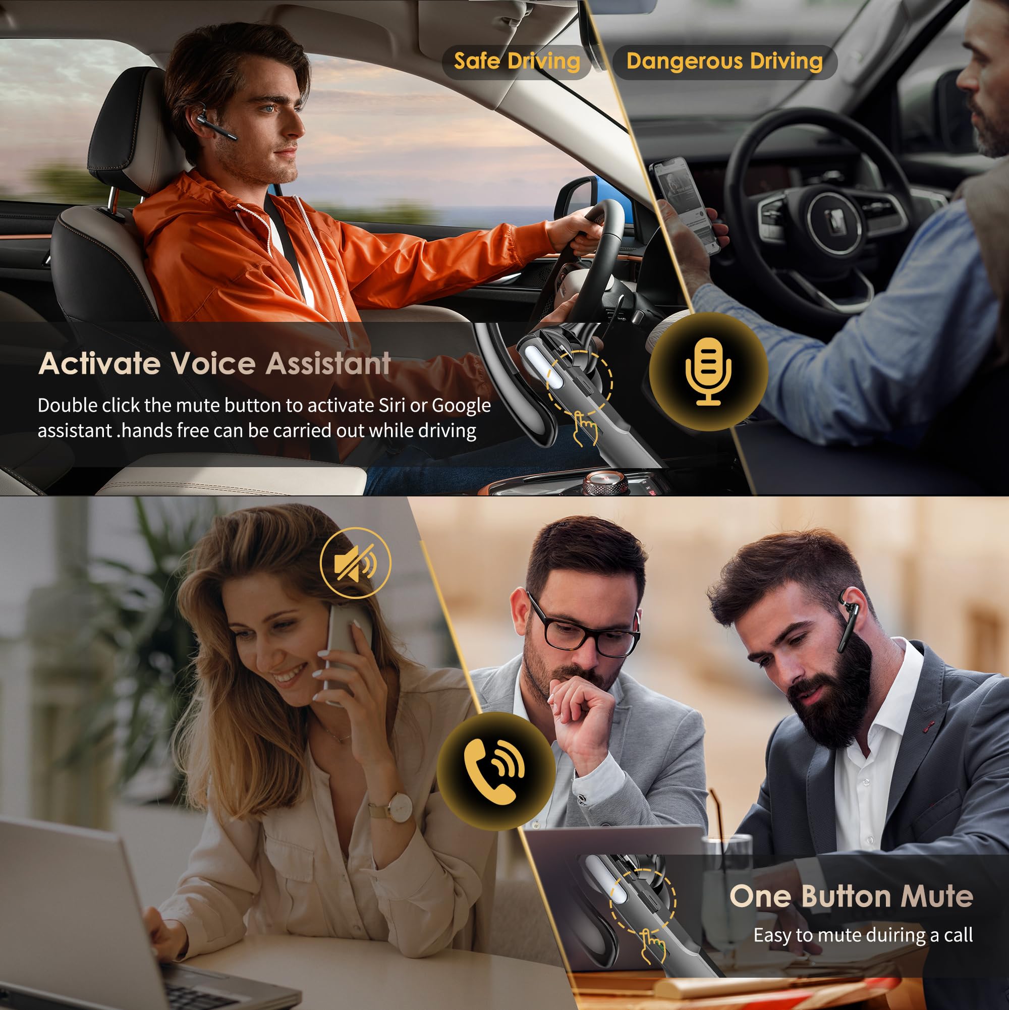 ICOMTOFIT Bluetooth Headset, Wireless Bluetooth Earpiece V5.0 Hands-Free Earphones with Built-in Mic for Driving/Business/Office, Compatible with iPhone and Android (Gray)