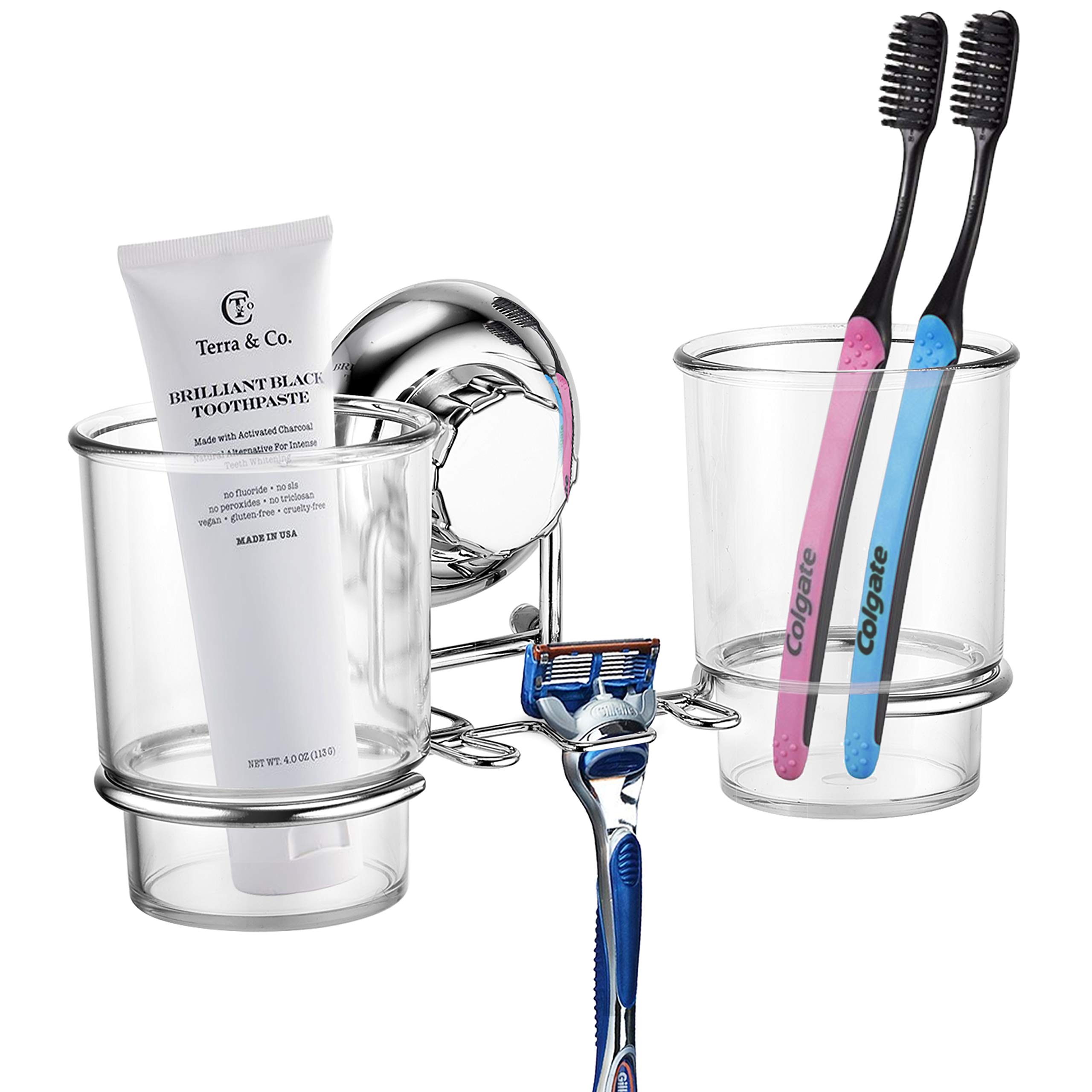 MaxHold No-Drilling/Suction Cup Double Toothbrush Tumbler Holder - Vaccum System - Stainless Steel Never Rust - for Bathroom & Kitchen