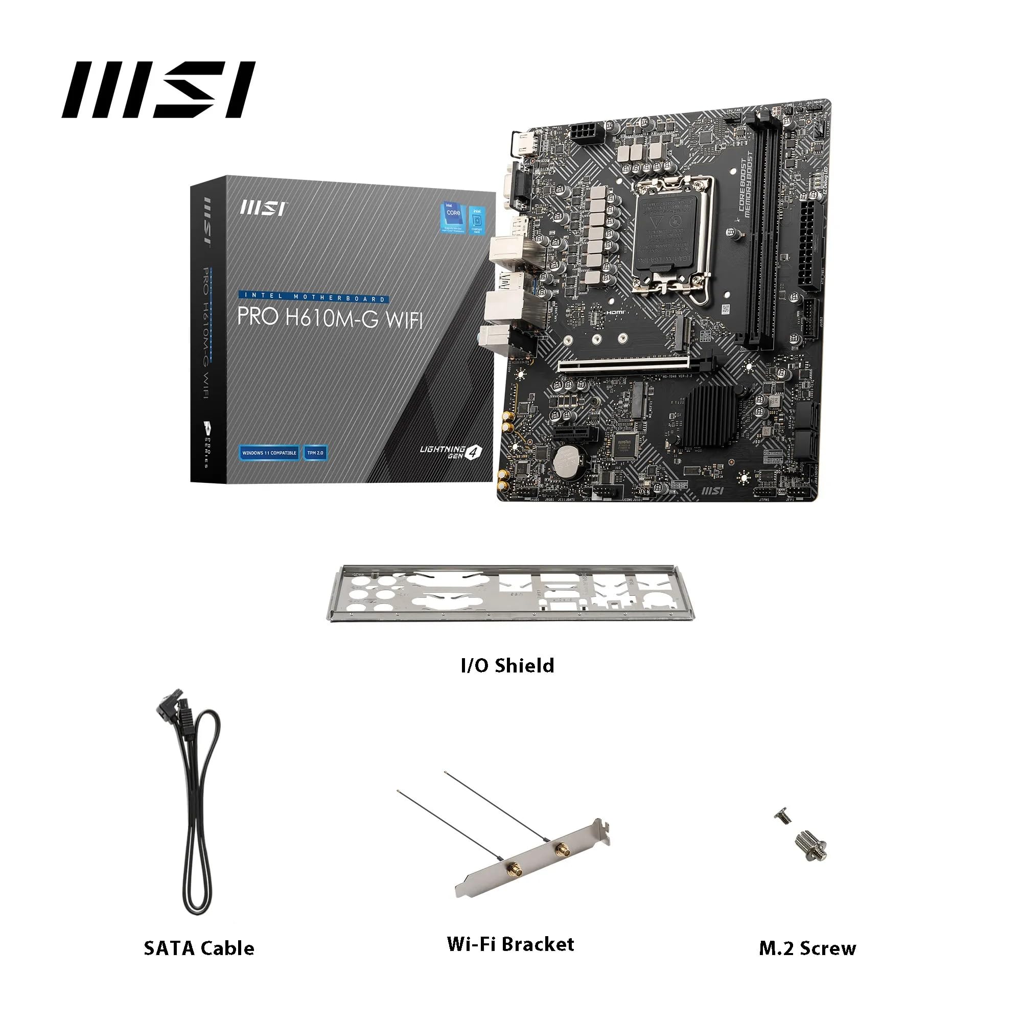 msi PRO H610M-G WiFi Motherboard, Micro-ATX - Supports Intel Core 14th, 13th and 12th Gen Processors, LGA 1700 - DDR5 Memory Boost 5600MHz/MAX, PCIe 4.0 x16 Slot, M.2 Gen3 Slot, Wi-Fi 6E, BT 5.3