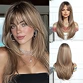 Lisook Long Brown Wig with Bangs Blonde Layered Wigs for White Women 24 Inches Straight Synthetic Wig Ombre Curtain Bangs Wigs Blonde Highlight Hair Replacement Wigs for Cosplay Daily Party Use