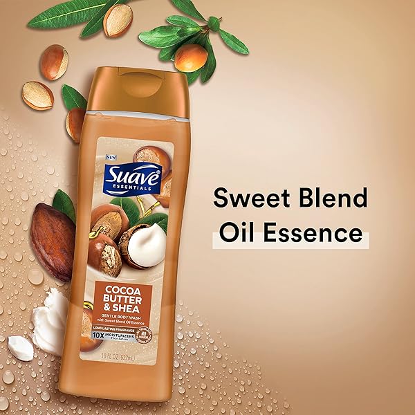 SUAVE ESSENTIALS GENTLE BODY WASH, COCOA BUTTER & SHEA WITH A SWEET OIL BLEND ESSENCE, INFUSED WITH VITAMIN E & HONEY EXTRACT 18 OZ