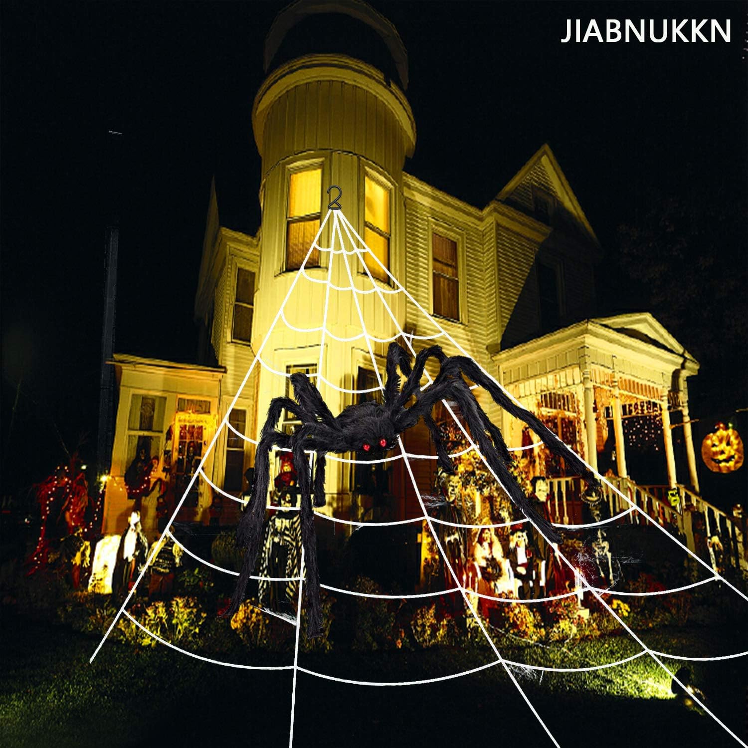 Lyplus Halloween Decorations Outdoor 16 FT Giant Spider Web with Large Spider 29.5", Stretch Cobwebs and 2 Small Spiders Outdoor Halloween Decorations Party Yard Lawn Decor Props for Haunted: Home & Kitchen