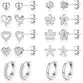 Small Gold Stud Earrings Set for Women - 14K Gold Plated CZ Huggie Hoops Hypoallergenic Earrings Dainty Flower Heart Stud Earrings for Jewelry Gift