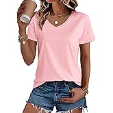 SMENG Women's Cotton V Neck T-Shirt Short Sleeve Solid Color Tee Casual Fit Tee Breathable Summer Fashion Tops
