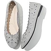 Shupua Women's Comfortable Dress Shoes Ballet Flats Slip On Shoes Black Flats Round Toe PU Leather Flats Summer with Floral Eyelets