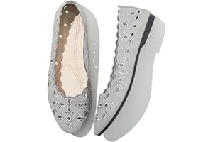 Shupua Women's Comfortable Dress Shoes Ballet Flats Slip On Shoes Black Flats Round Toe PU Leather Flats Summer with Floral Eyelets