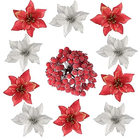 Natale Glitter Immagini.Tuparka 116 Pcs Decorazioni Di Natale Glitter Poinsettia Artificiale Di Natale Con Agrifoglio Berry Picks Steli Per Decorazioni Per L Albero Di Natale Ghirlanda Di Ghirlande Fai Da Te Decorazioni Amazon It Casa E