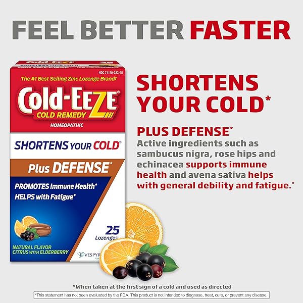 COLD-EEZE PLUS DEFENSE NATURAL CITRUS WITH ELDERBERRY ZINC LOZENGES, HOMEOPATHIC COLD REMEDY, SHORTENS COMMON COLD SYMPTOMS, PROMOTES IMMUNE HEALTH WITH SAMBUCUS NIGRA, ECHINACEA AND ROSE HIPS, 25 CT