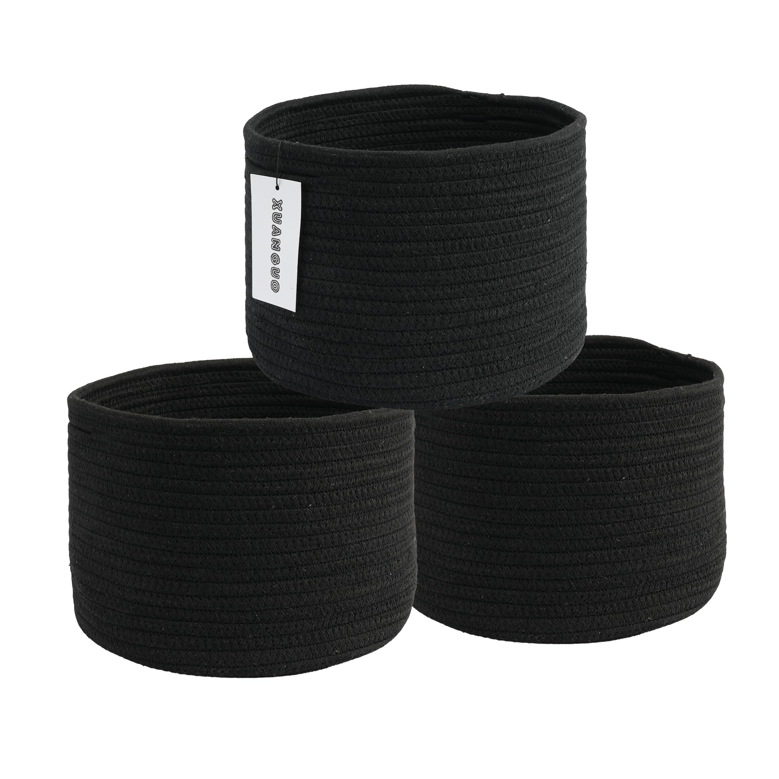 Photo 1 of XUANGUO Woven Cotton Storage Baskets - 3-Pack Round Bins (10x10x7'') for Shelves, Closets & Bookcases | Durable Rope Organizers for Nursery, Baby, Toys, Easter & More (black)