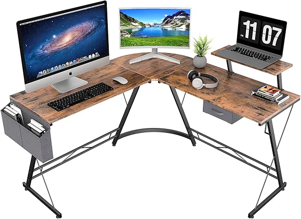 Amazon ｄｉｋａｚｏｋｕ パソコンデスク L字型 コーナーデスク ゲーミングデスク Pcデスク 書斎机 書斎デスク 学習デスク コンパクト 収納 整理 オフィス 机 テレワーク 黒 グレー ブラウン ブラウン 掛袋あり 取り外せ可能 パソコンデスク 文房具 オフィス用品