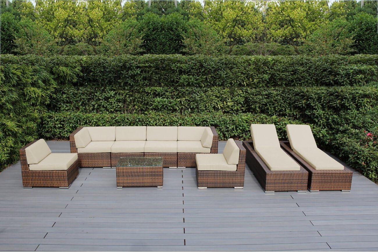 Amazon Com Ohana 9 Piece Outdoor Patio Furniture Sectional Sofa And Chaise Lounge Set Mixed Brown Wicker With Sunbrella Antique Beige Cushions No Assembly With Free Patio Cover Garden Outdoor