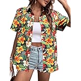 Women's Hawaiian Shirts Floral Tropic Print V Neck Button Down Shirt Summer Hawaii Short Sleeve Blouse Tops