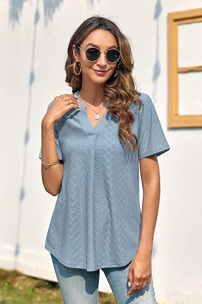 FMEYOA WOMEN’S SHORT SLEEVE TOPS SMUUER EYELET DRESSY CASUAL V NECK BLOUSES T SHIRTS(01-CORAL BLUE,SMALL)
