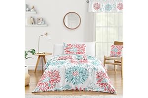 SWEET JOJO DESIGNS Turquoise and Coral Emma 4 Piece Kids Teen Modern Twin Bedding Set Collection