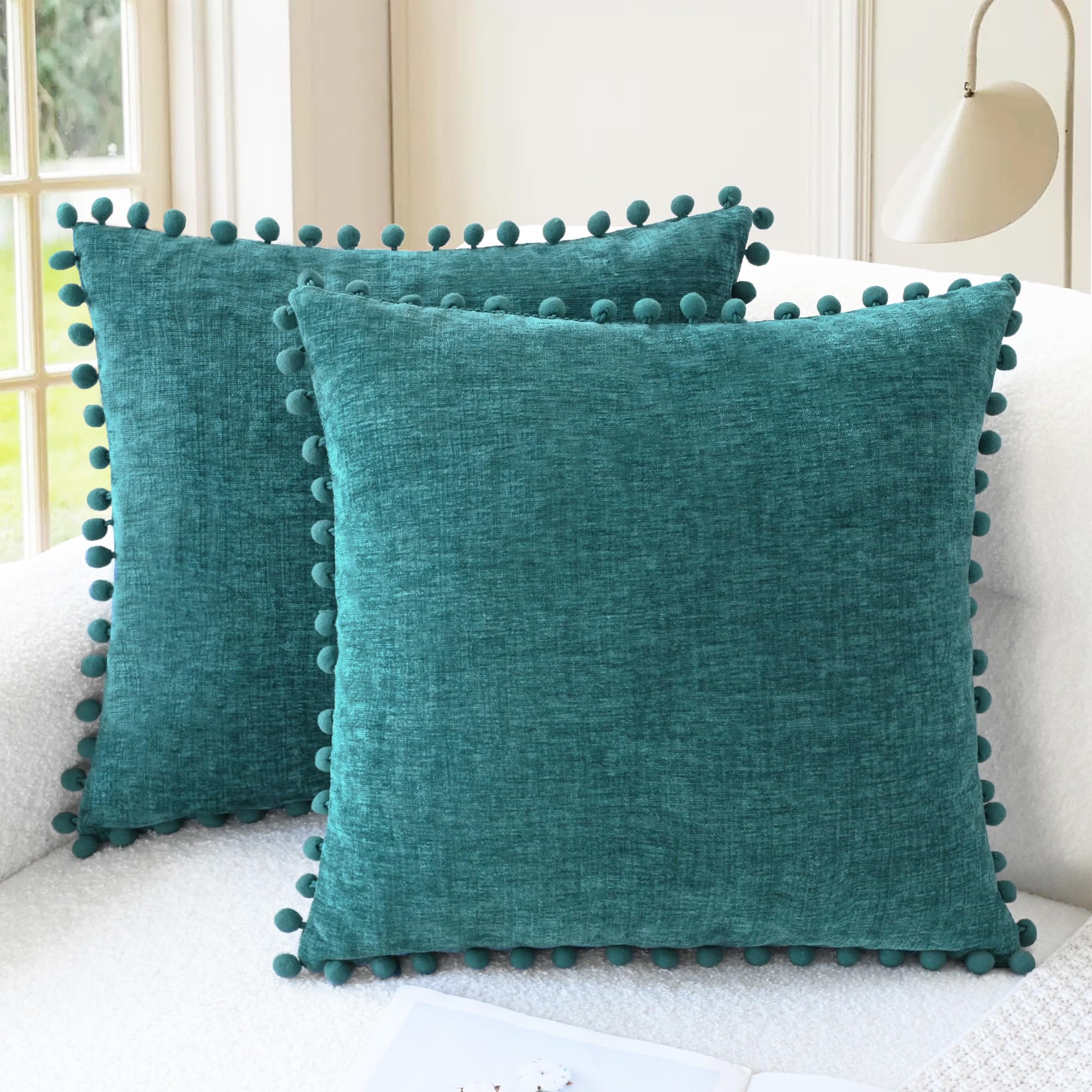 CaliTime Pillow Cases Pack of 2 Cozy Solid Dyed Soft Chenille Cushion Covers with Pom Poms for Couch Sofa Home Decoration 50cm x 50cm Teal