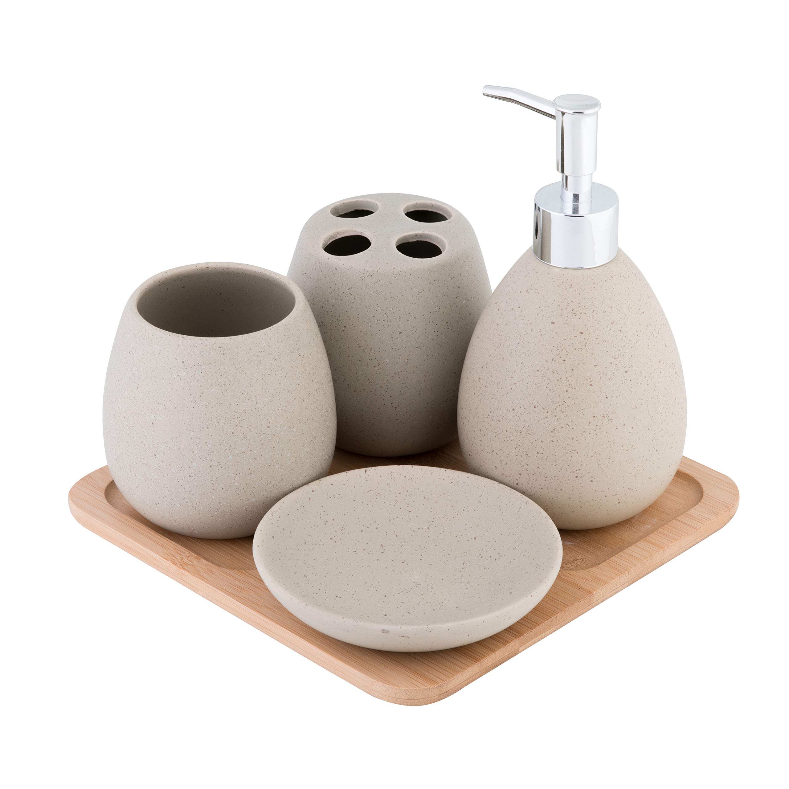 axentia Avignon 126822 Bathroom Set, Toilet Accessories Made Ceramic and Bamboo, Brown, 23 x 30 x 11 cm