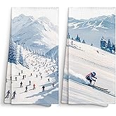 Sviojuce Winter Ski Kitchen Towels Decorative 16x24 Set of 2, Skier Skiing Dish Towels Cloths Dishcloths Tea Towel Gifts, Winter Rustic Farmhouse Bathroom Kitchen Hand Towel Decor