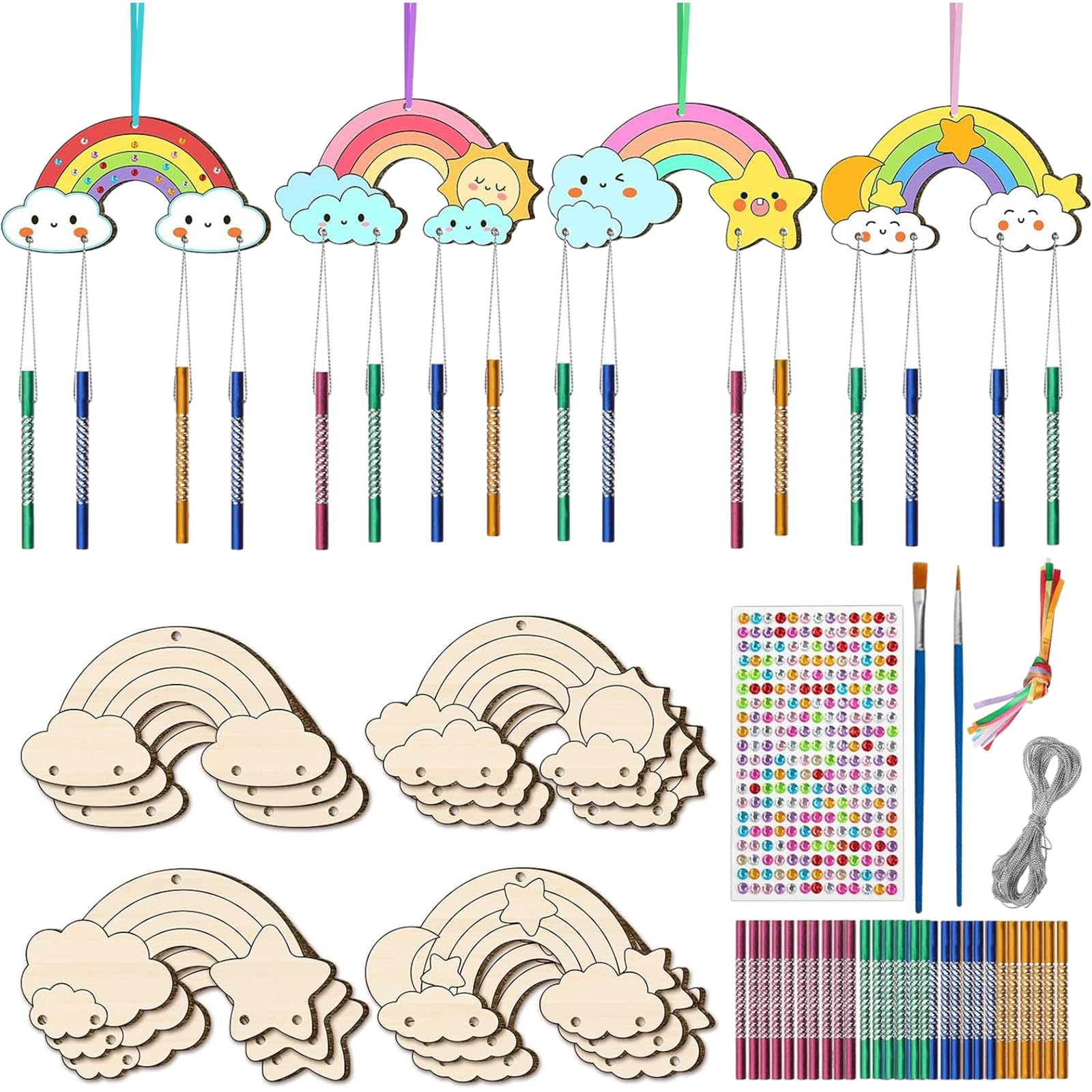 DALAETUS 12 Pcs Wind Chime Set, Rainbow Wind Chime Craft for Painting, Decorating, Wooden Pretty Craft Kit for Kids, DIY Crafts, Gifts, Art Activity